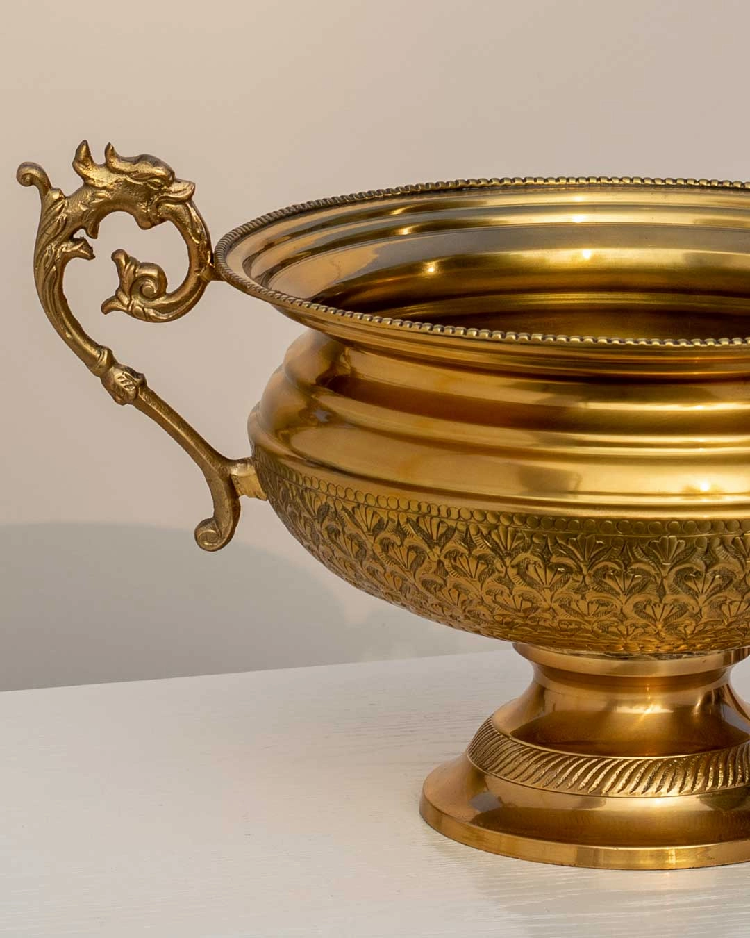 Embossed Round Brass Bowl with Handle - Large -12"