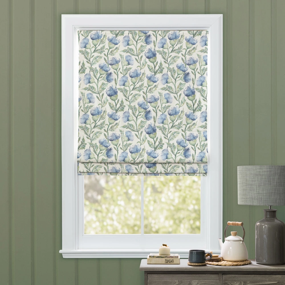 Ettrick Printed Cotton Made to Measure Roman Blinds Bluebell Cream