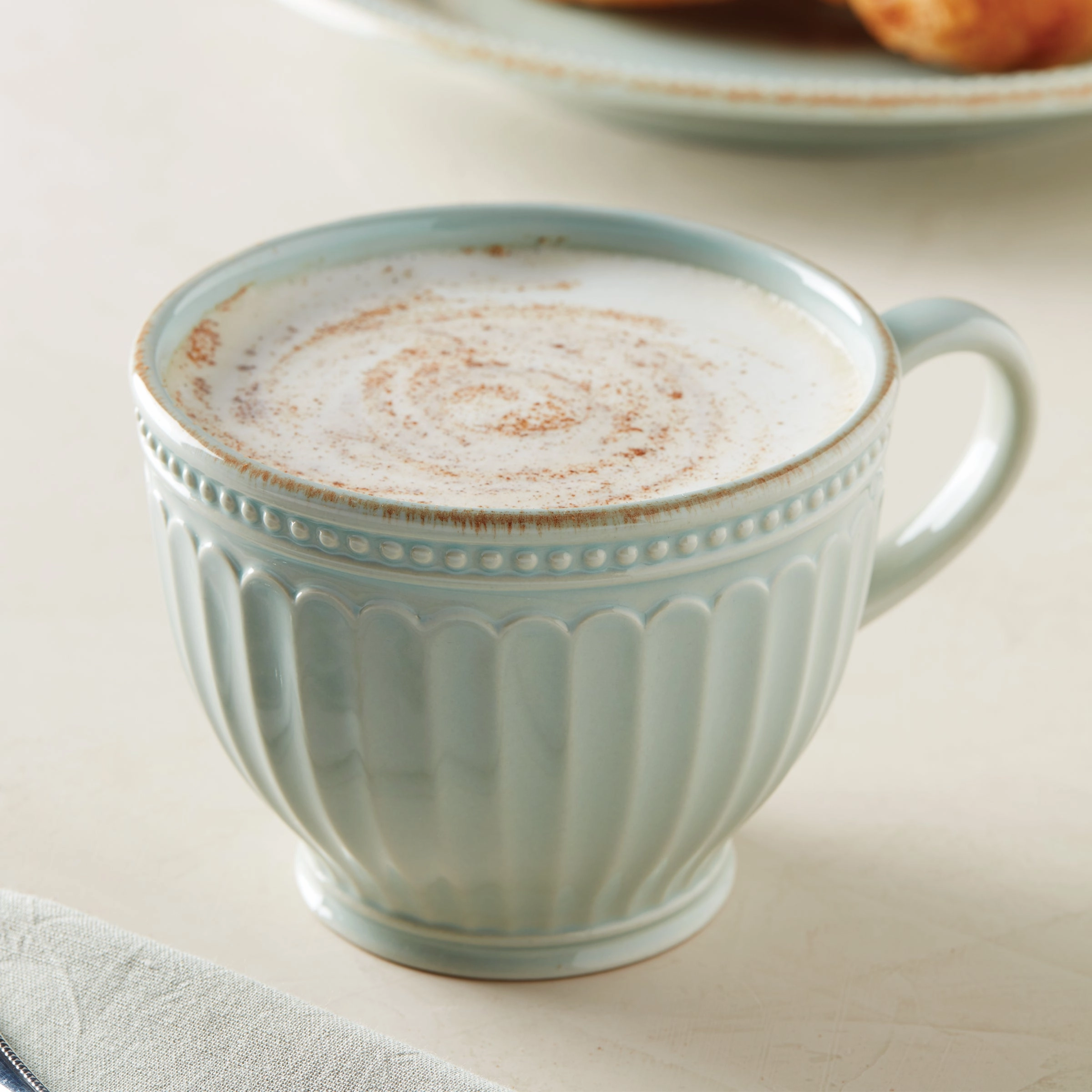 French Perle Groove Blue Latte Mugs - Set of 2