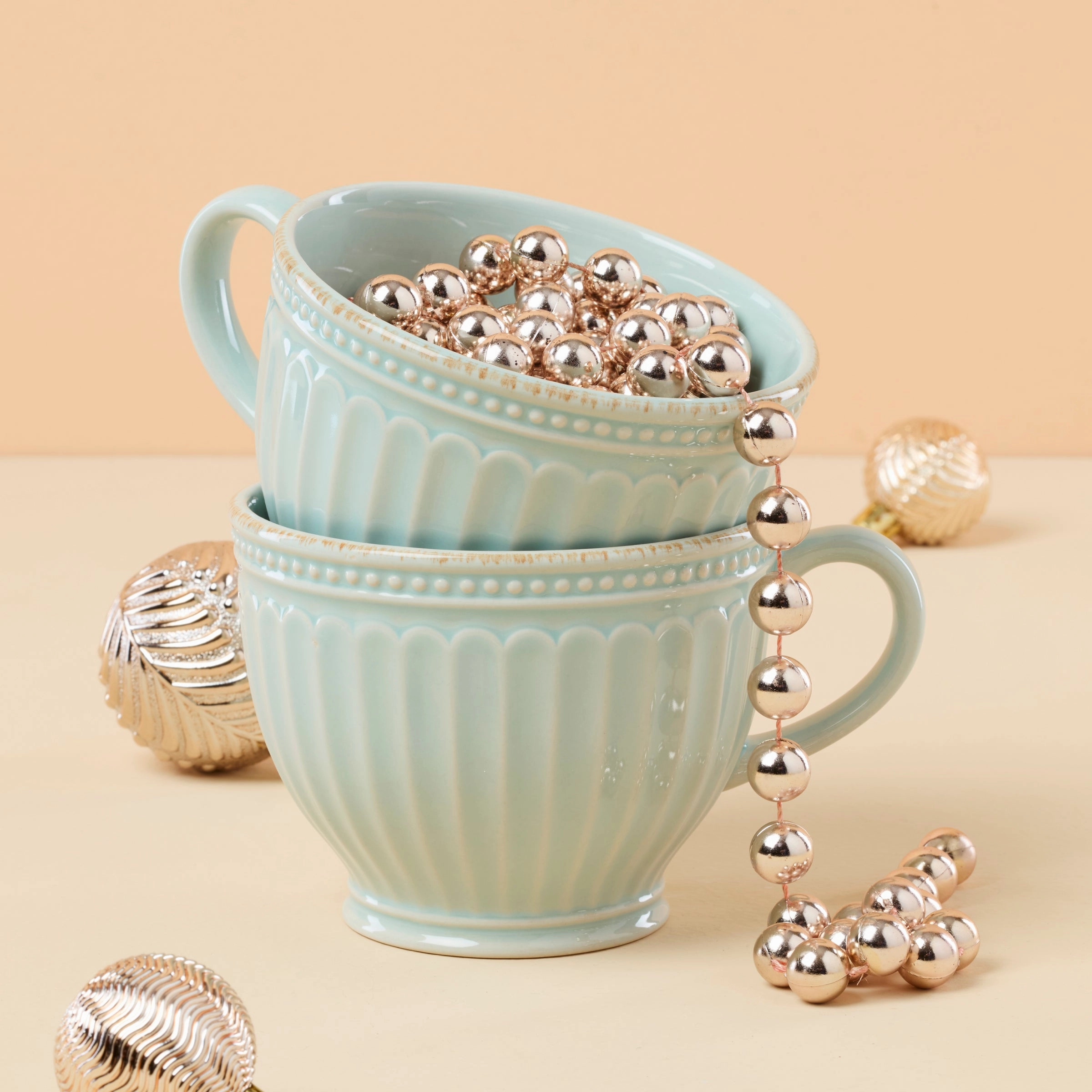 French Perle Groove Blue Latte Mugs - Set of 2