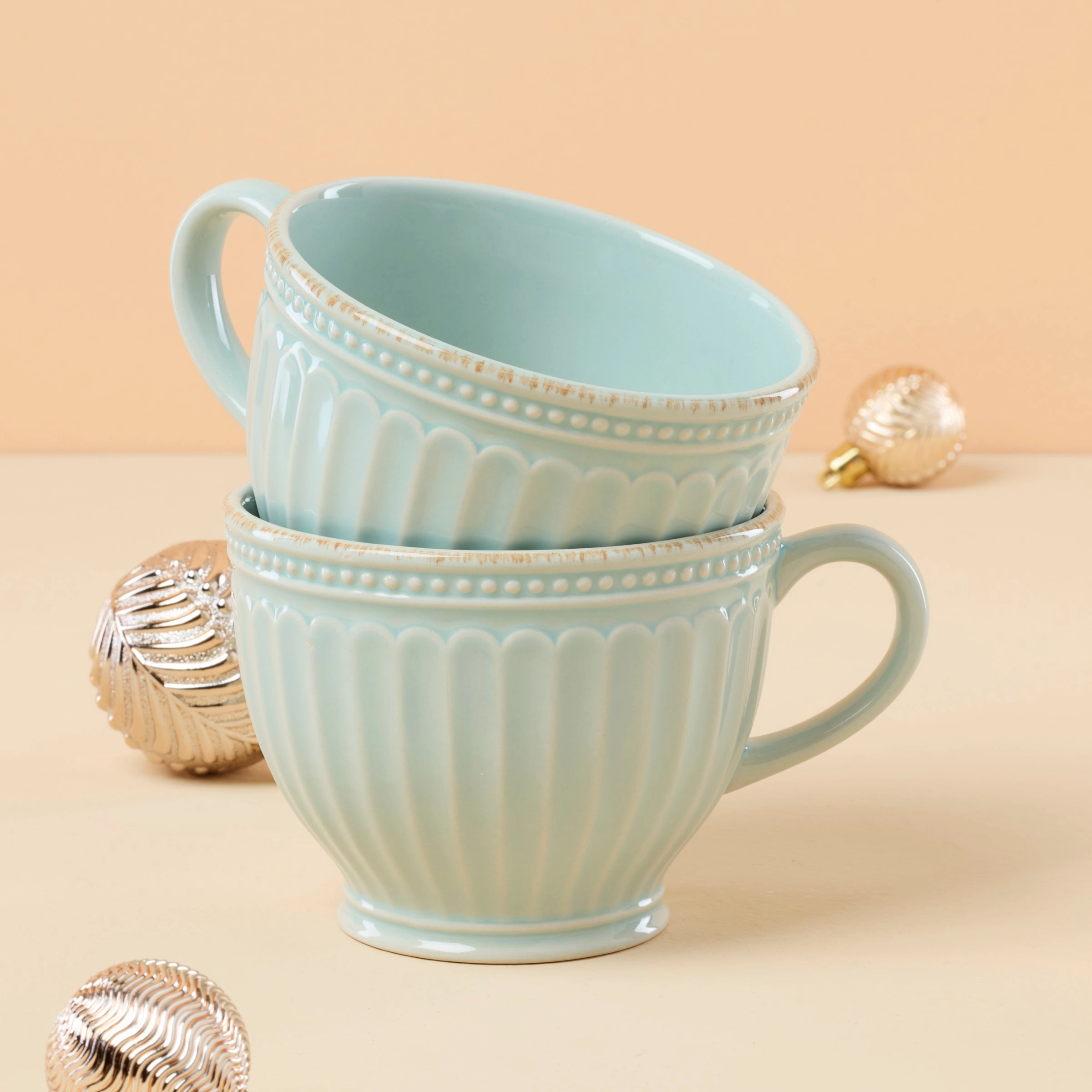 French Perle Groove Blue Latte Mugs - Set of 2