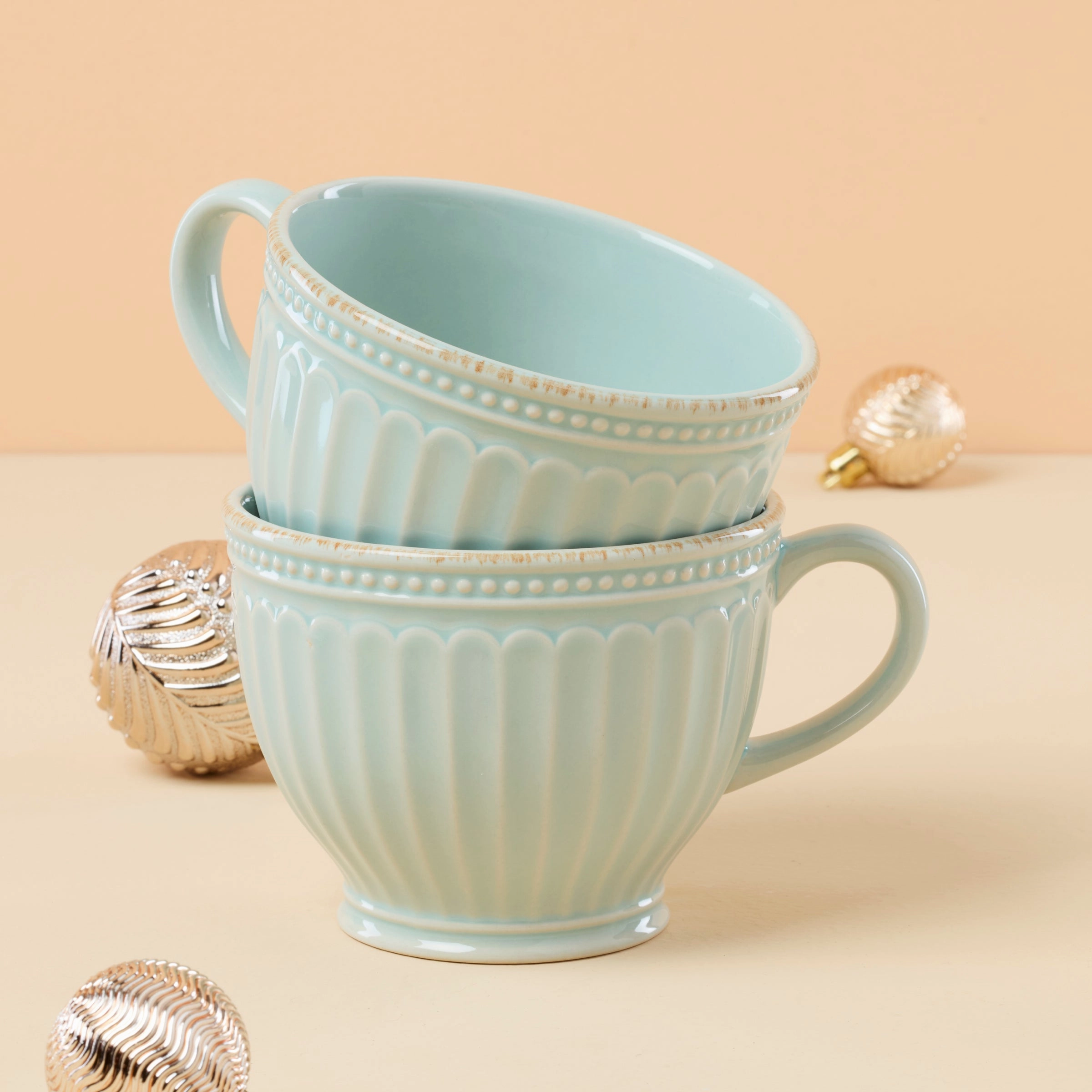 French Perle Groove Blue Latte Mugs - Set of 2