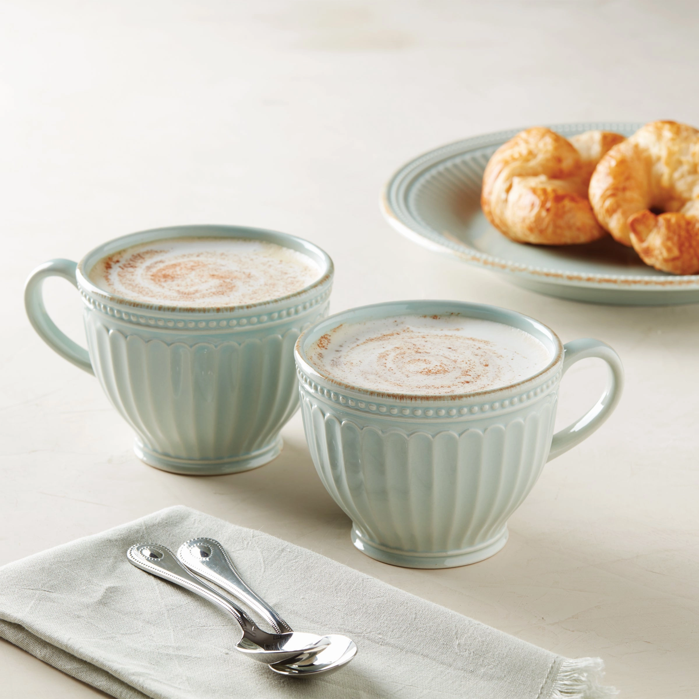French Perle Groove Blue Latte Mugs - Set of 2