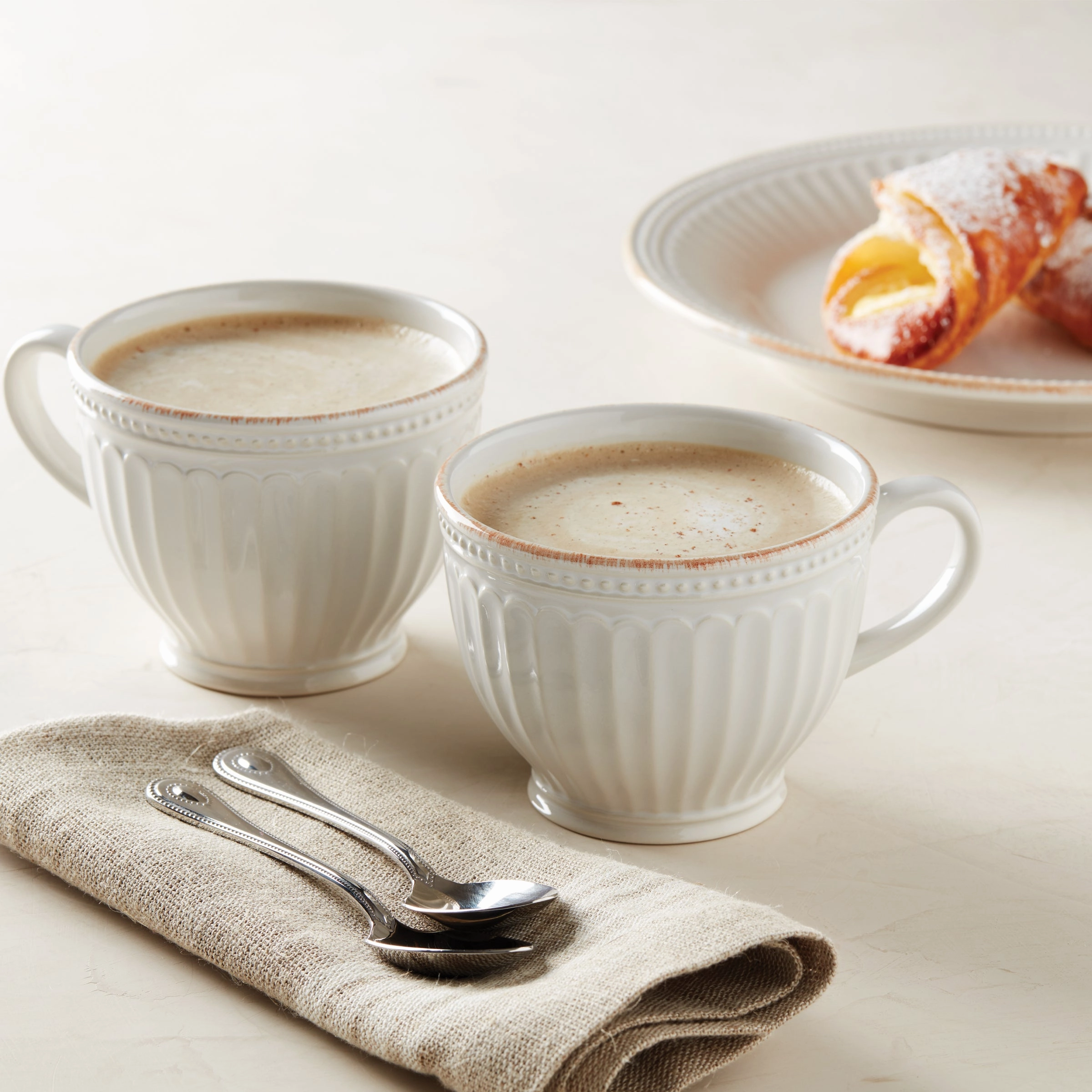French Perle Groove White Latte Mugs - Set of 2