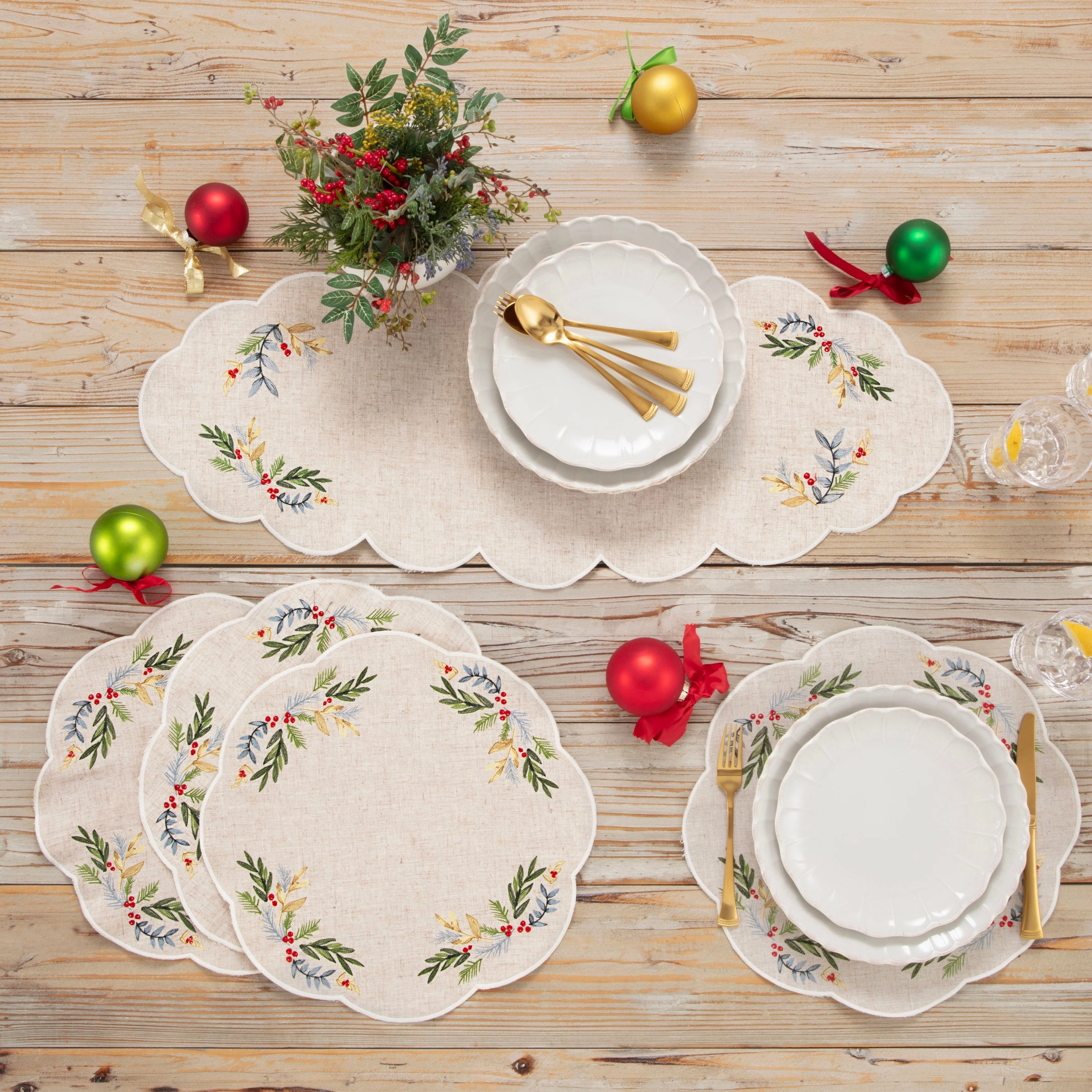 French Perle Holly Embroidered Placemats - Set Of 4