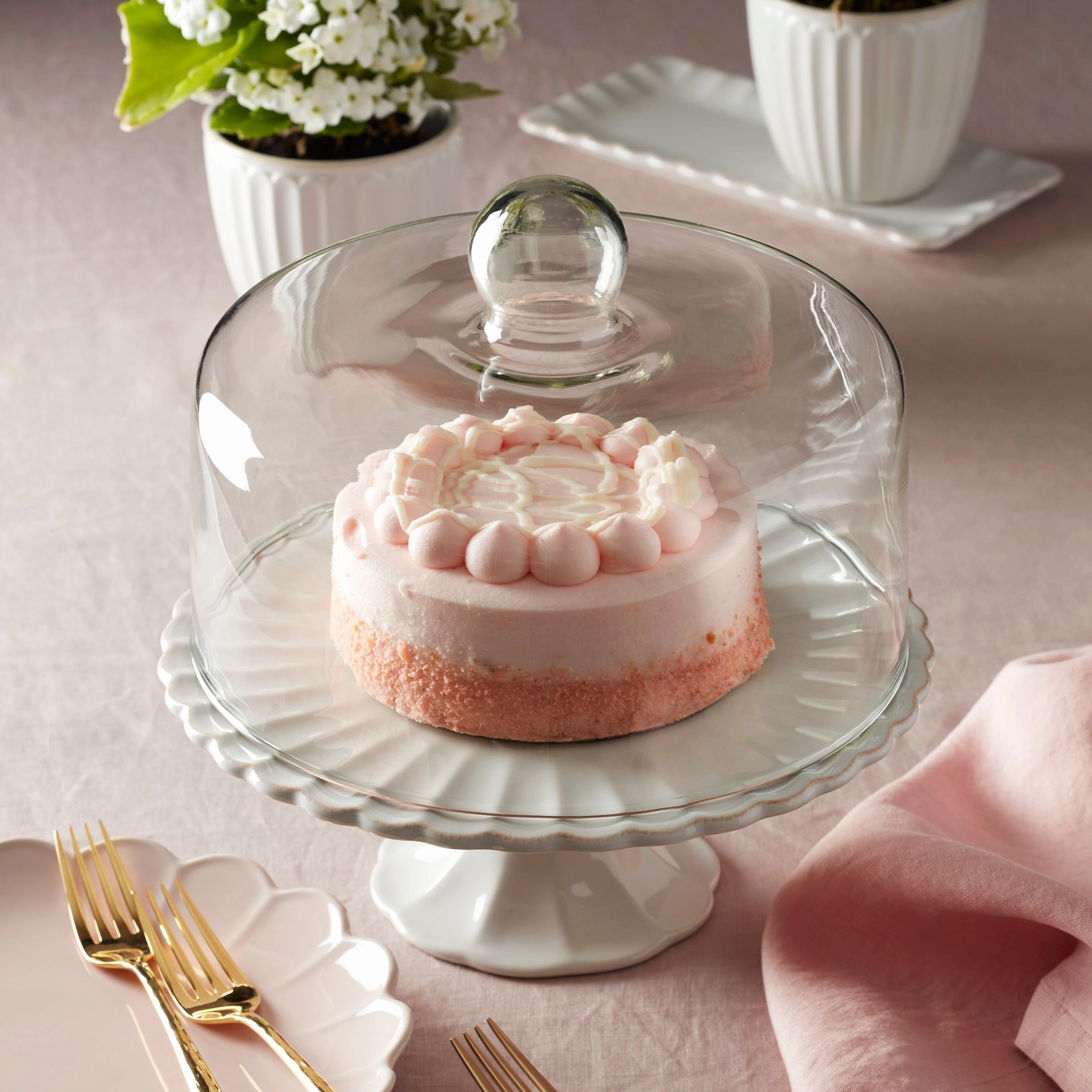 French Perle White Cake Plate With Dome