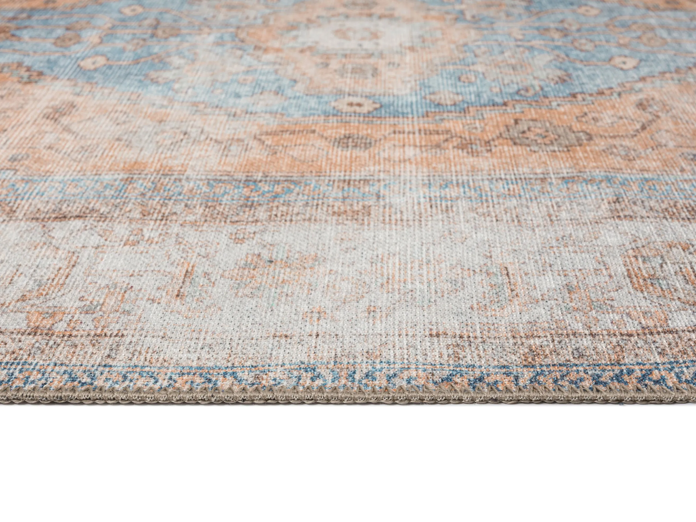 Halima Orange and Blue Traditional Distressed Washable Rug