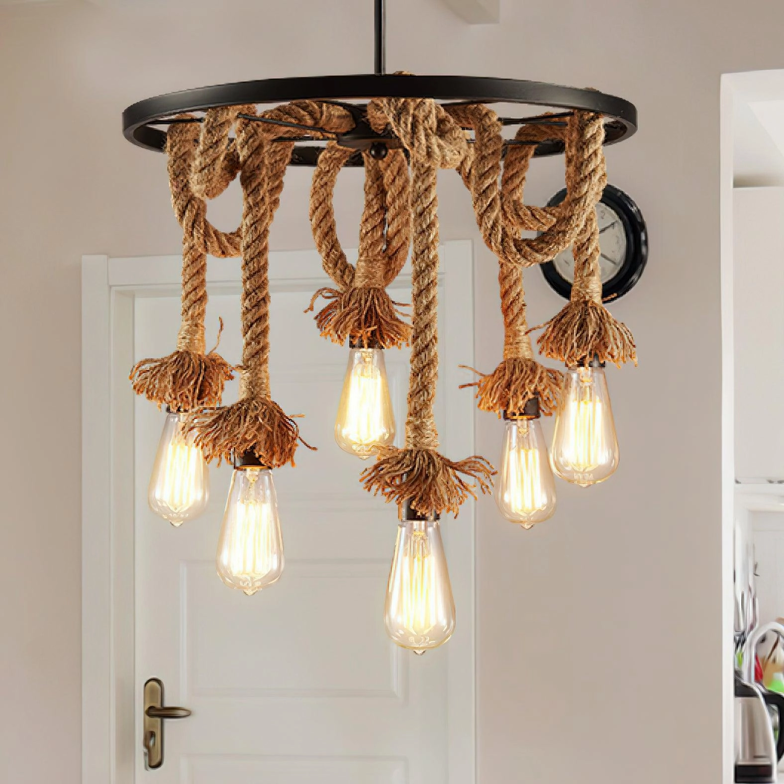 Hemp Rope Industrial Six Head Chandelier