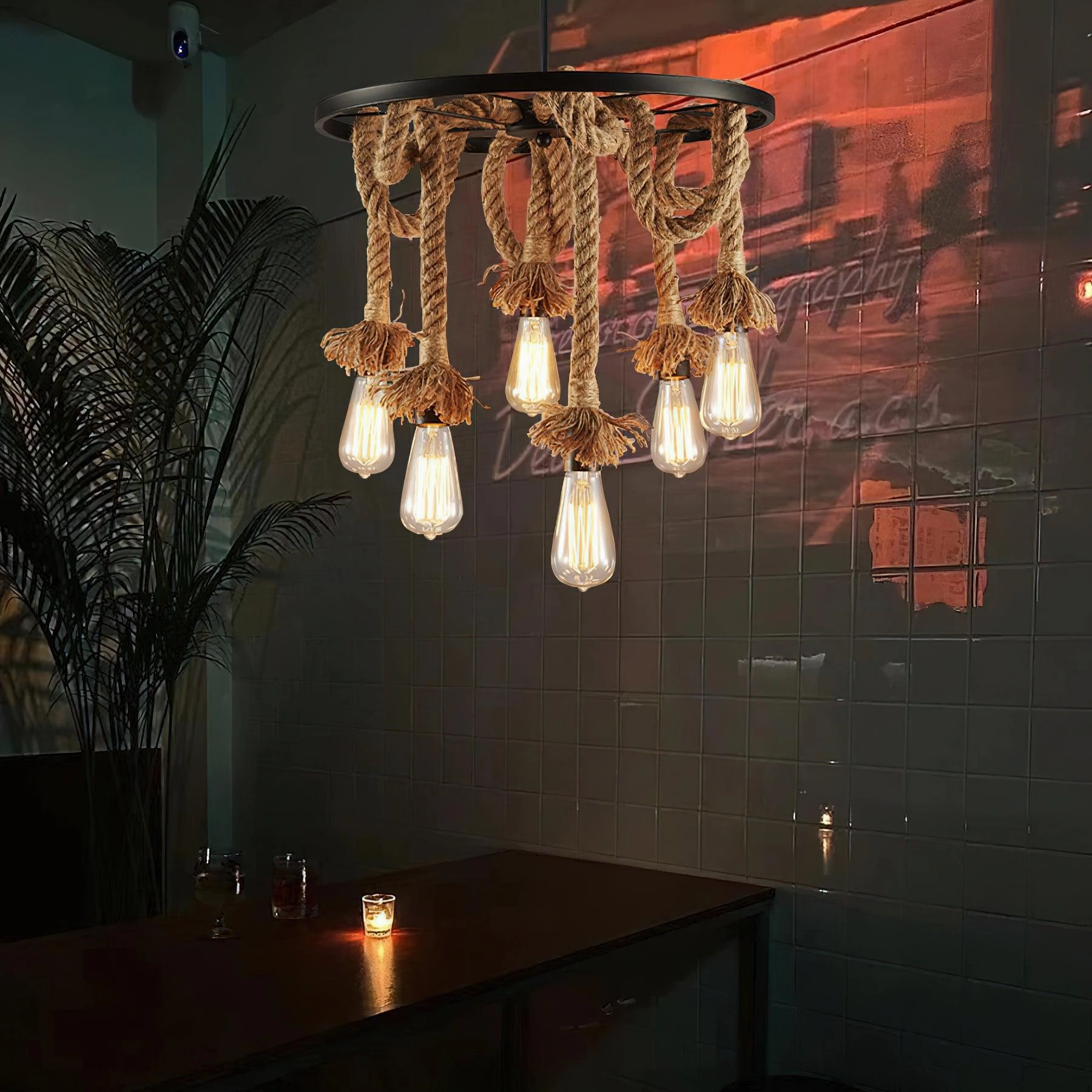 Hemp Rope Industrial Six Head Chandelier