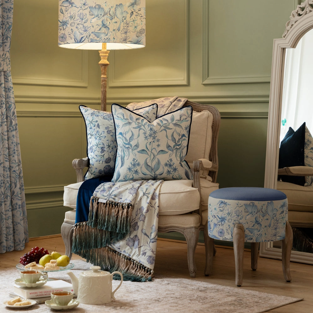Hettie Printed Piped Cushion Blue
