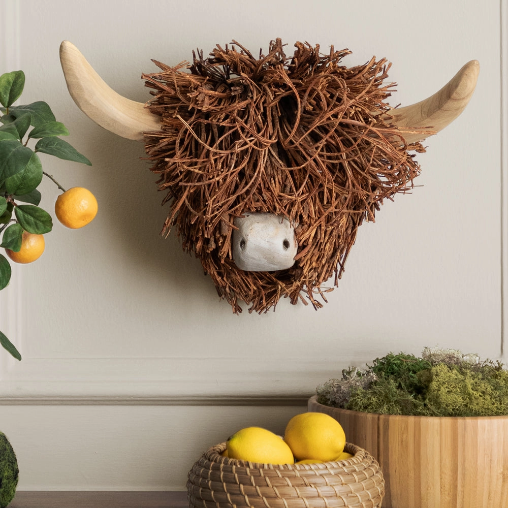 Hewie Highland Cow Wall Mounted Hand Crafted Wooden Sculpture Brownmodern home decor ,home decor for bedroom 