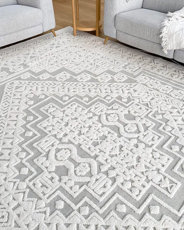 Kirrily Blue Grey and Ivory Textured Tribal Rug *NO RETURNS UNLESS FAULTY