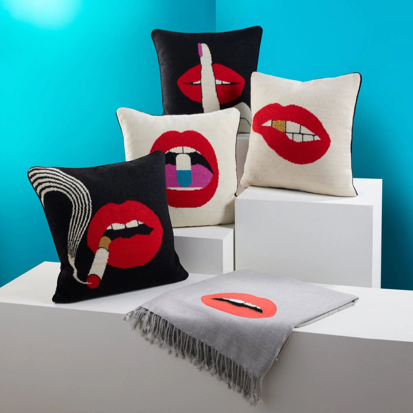Lips Bitten Needlepoint Throw Pillow