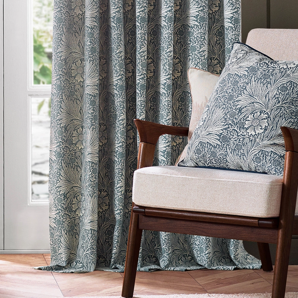 Marigold Floral Jacquard Pencil Pleat Curtains Indigo