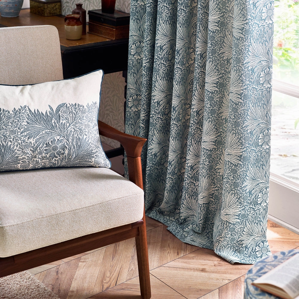 Marigold Floral Jacquard Pencil Pleat Curtains Indigo
