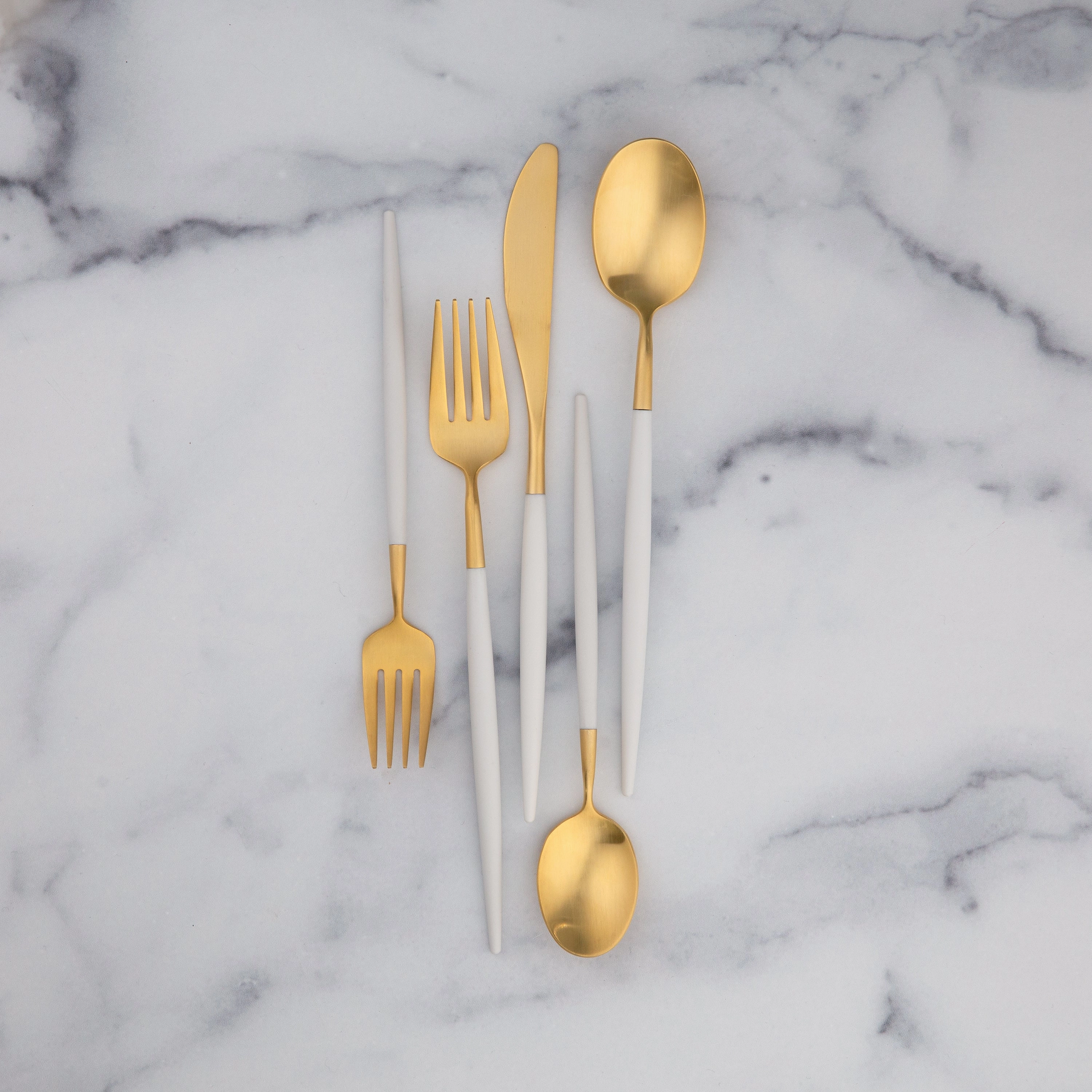 Mazzy Gold Satin White Pom Handle 20 Piece Flatware Set