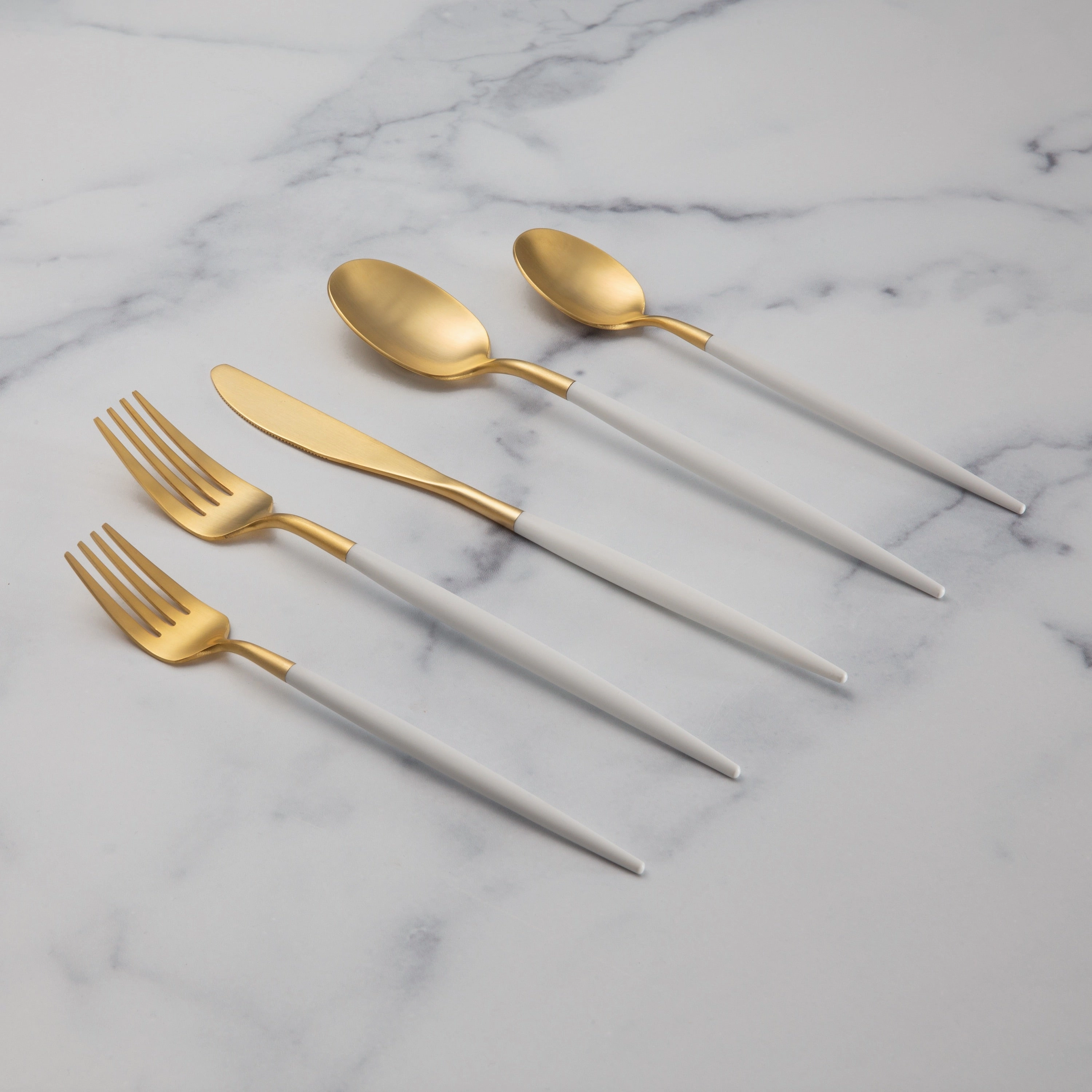 Mazzy Gold Satin White Pom Handle 20 Piece Flatware Set