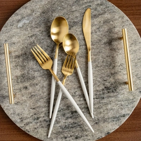Mazzy Gold Satin White Pom Handle 20 Piece Flatware Seteco-friendly bamboo fiber tableware set 