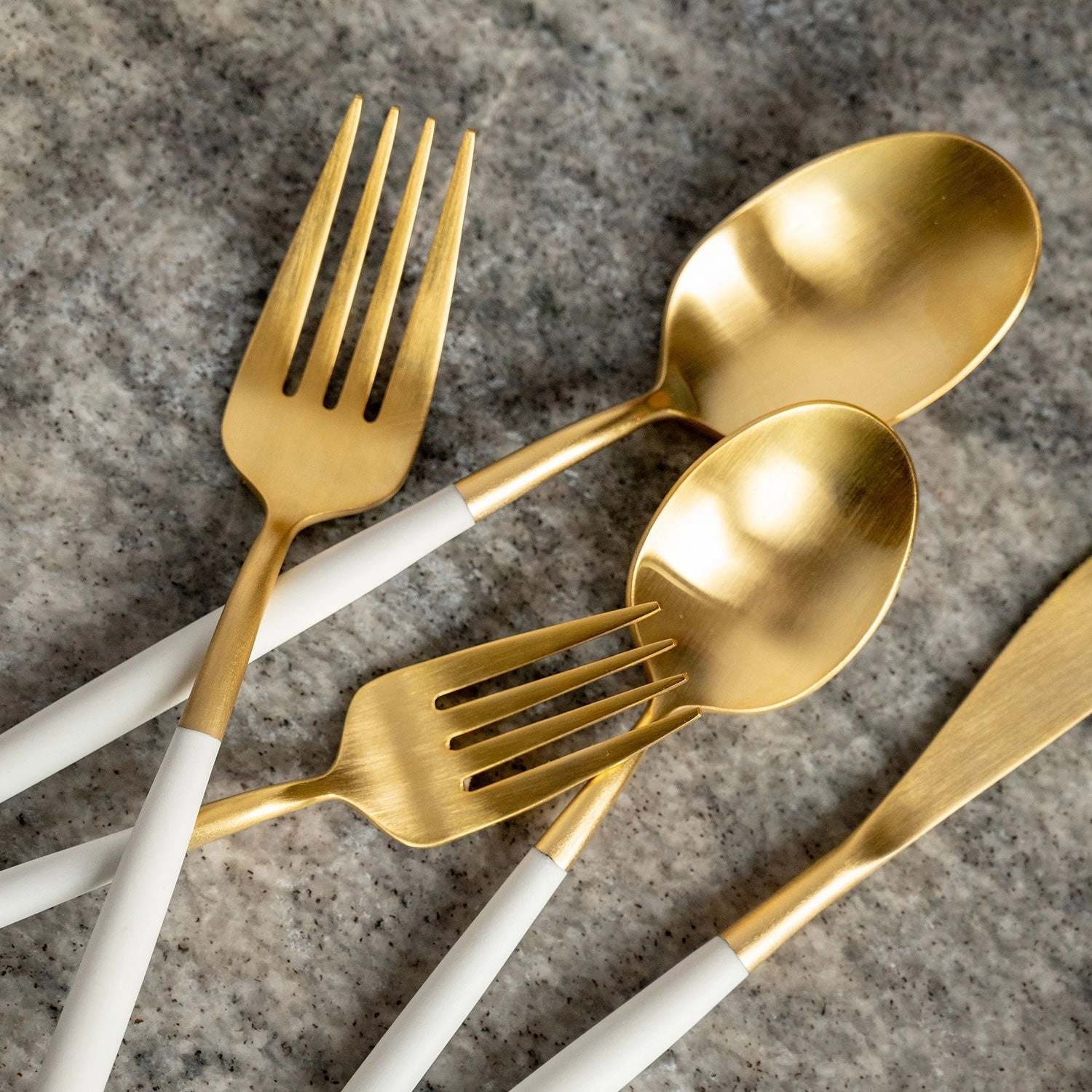 Mazzy Gold Satin White Pom Handle 20 Piece Flatware Set