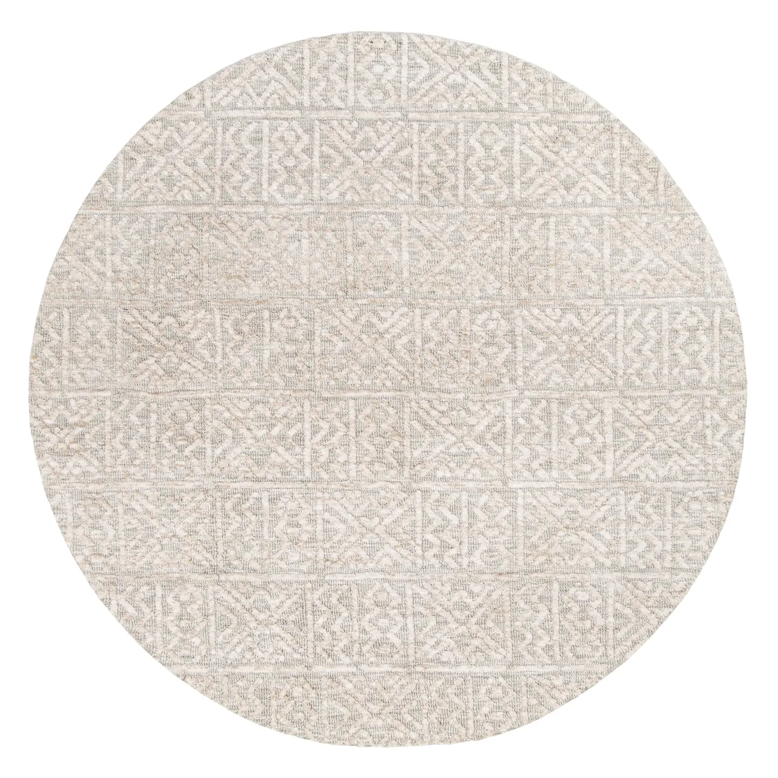 Melia Grey and Ivory Tribal Textured Round Rugmodern color block patchwork rug