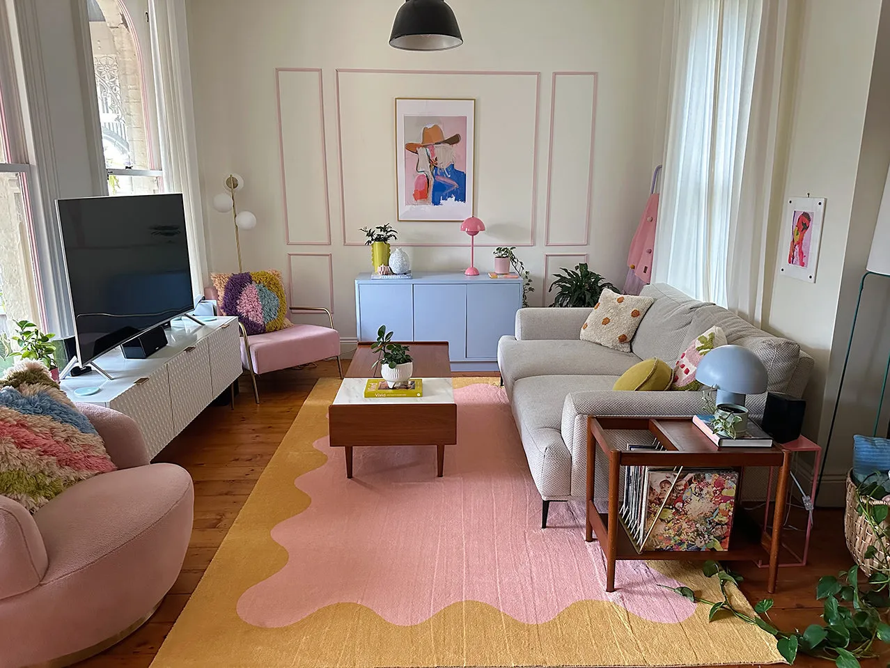 Melody Pink and Yellow Wiggle Bordered Washable Rug