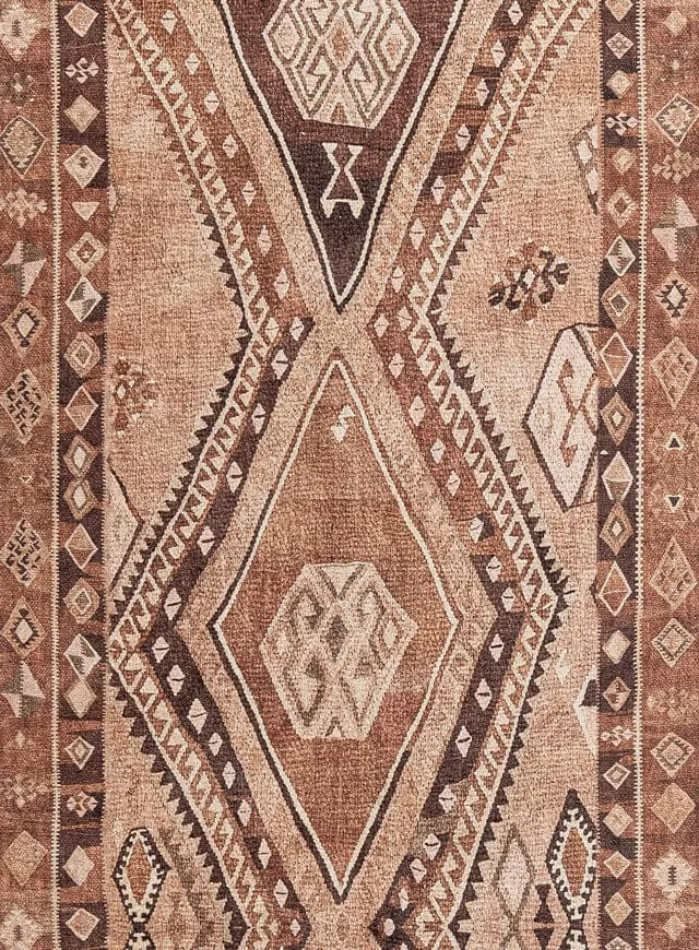 Necha Beige and Brown Tribal Washable Runner Rug