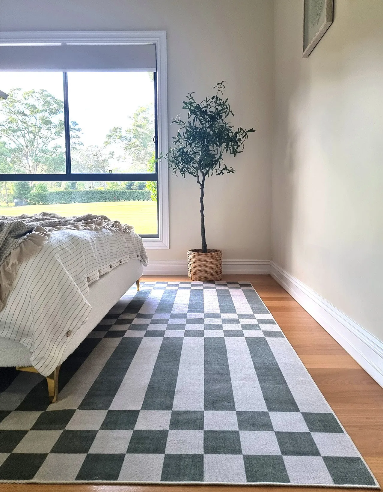 Nicolette Green and White Checkered and Striped Rug