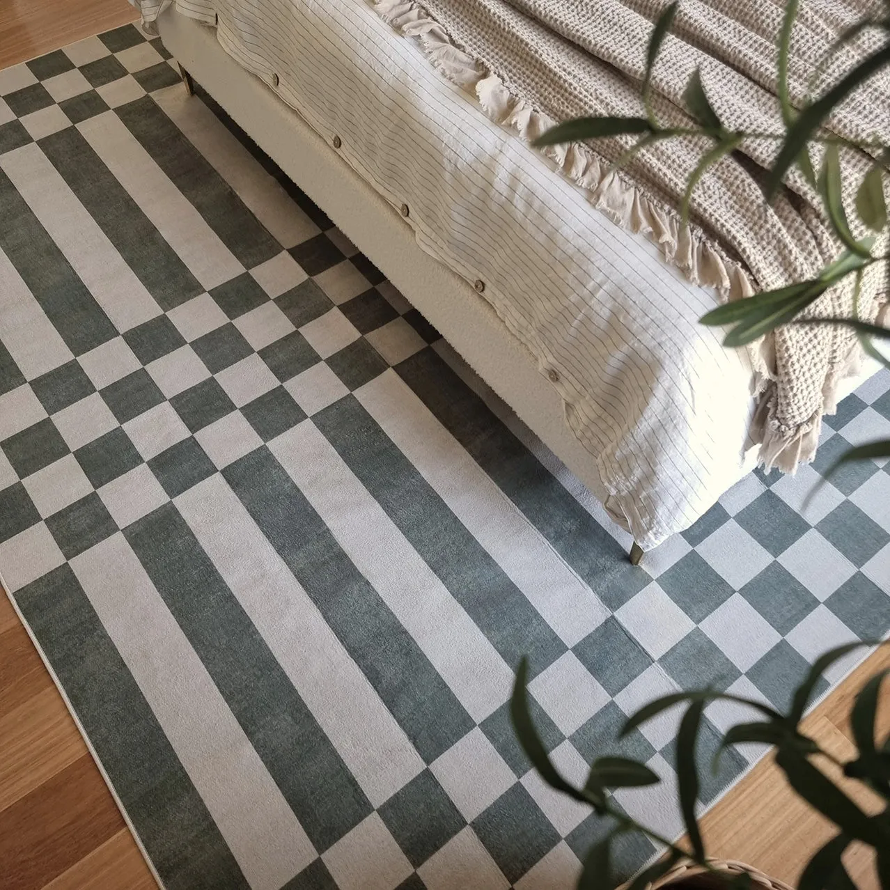Nicolette Green and White Checkered and Striped Rug