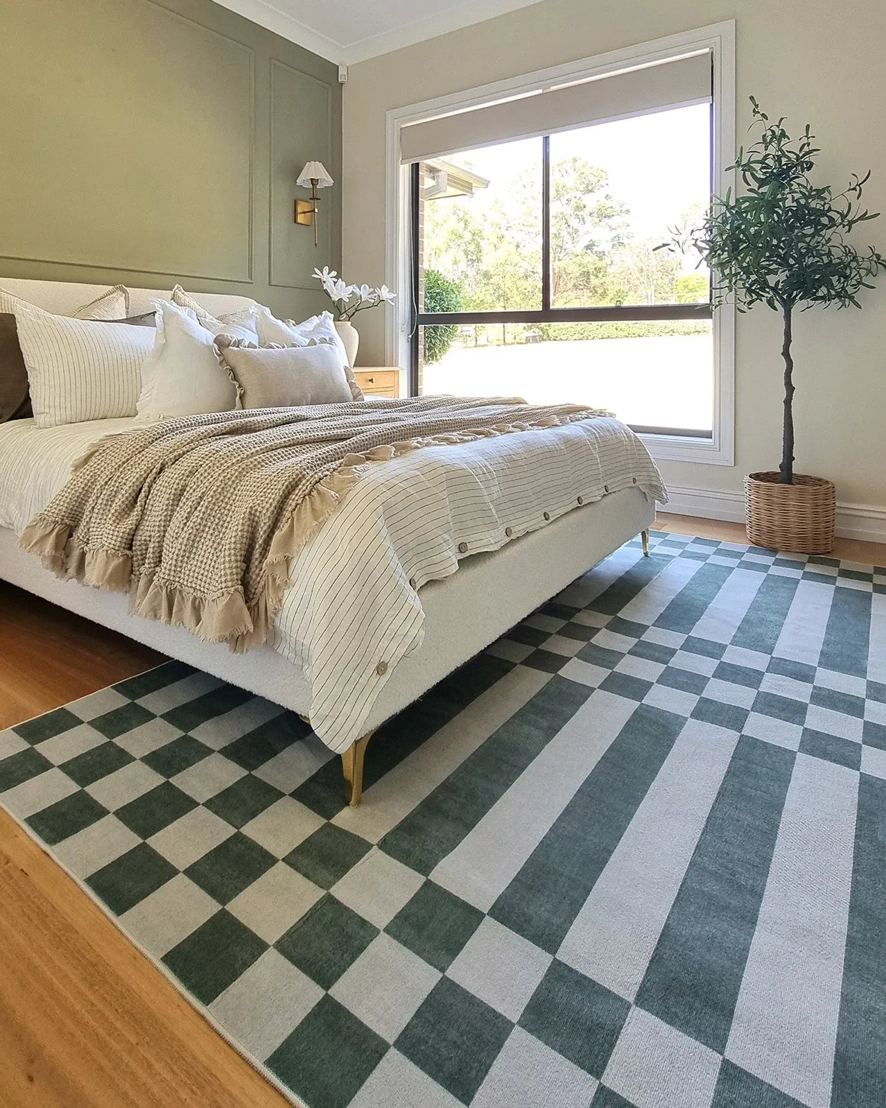 Nicolette Green and White Checkered and Striped Rug