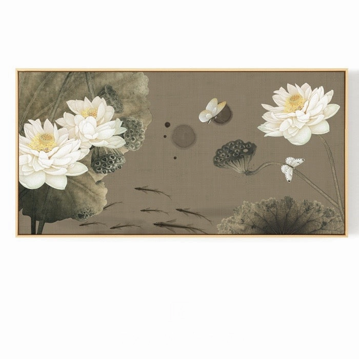 Oriental White Lotus Wall Art With Frame