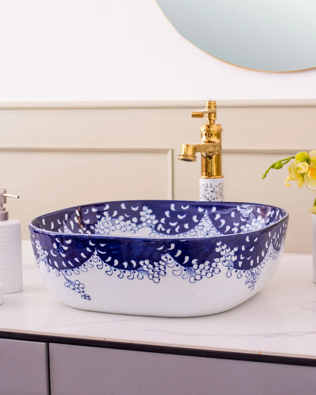 Paisley Blue & White Porcelain Counter Top Basin