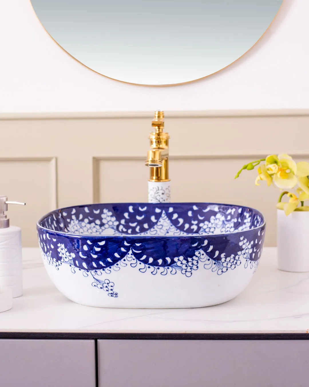Paisley Blue & White Porcelain Counter Top Basinbathroom decor,boho bathroom decor,minimalist bathroom decor