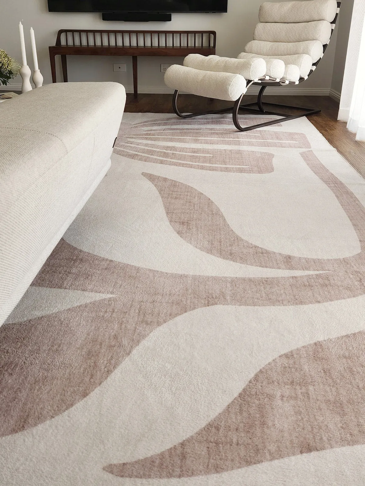 Perlha Beige and Grey Botanical Washable Rug
