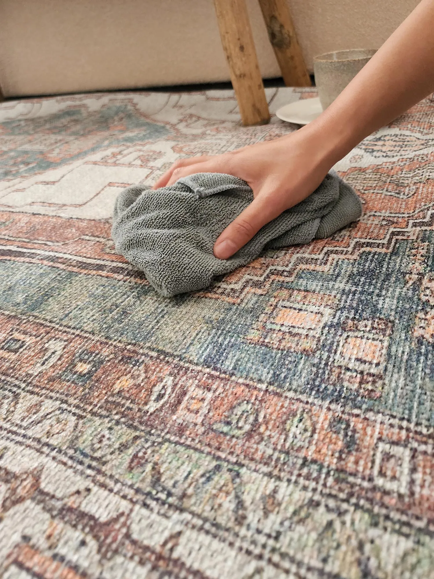 Priya Orange and Green Traditional Distressed Washable Rug