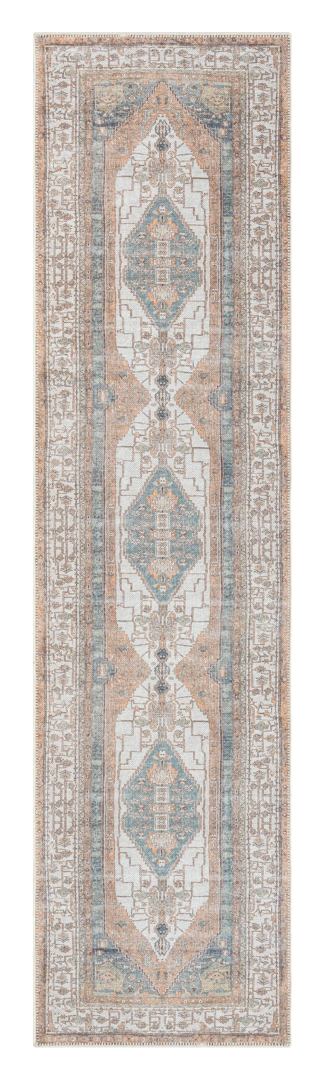 Priya Orange and Green Traditional Distressed Washable Runner Rugmodern color block patchwork rug