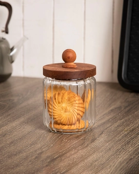 Ribbed Glass Jar with Wooden Lid - Smallmodern kitchen decor ,kitchen dinner set ,dinnerware 