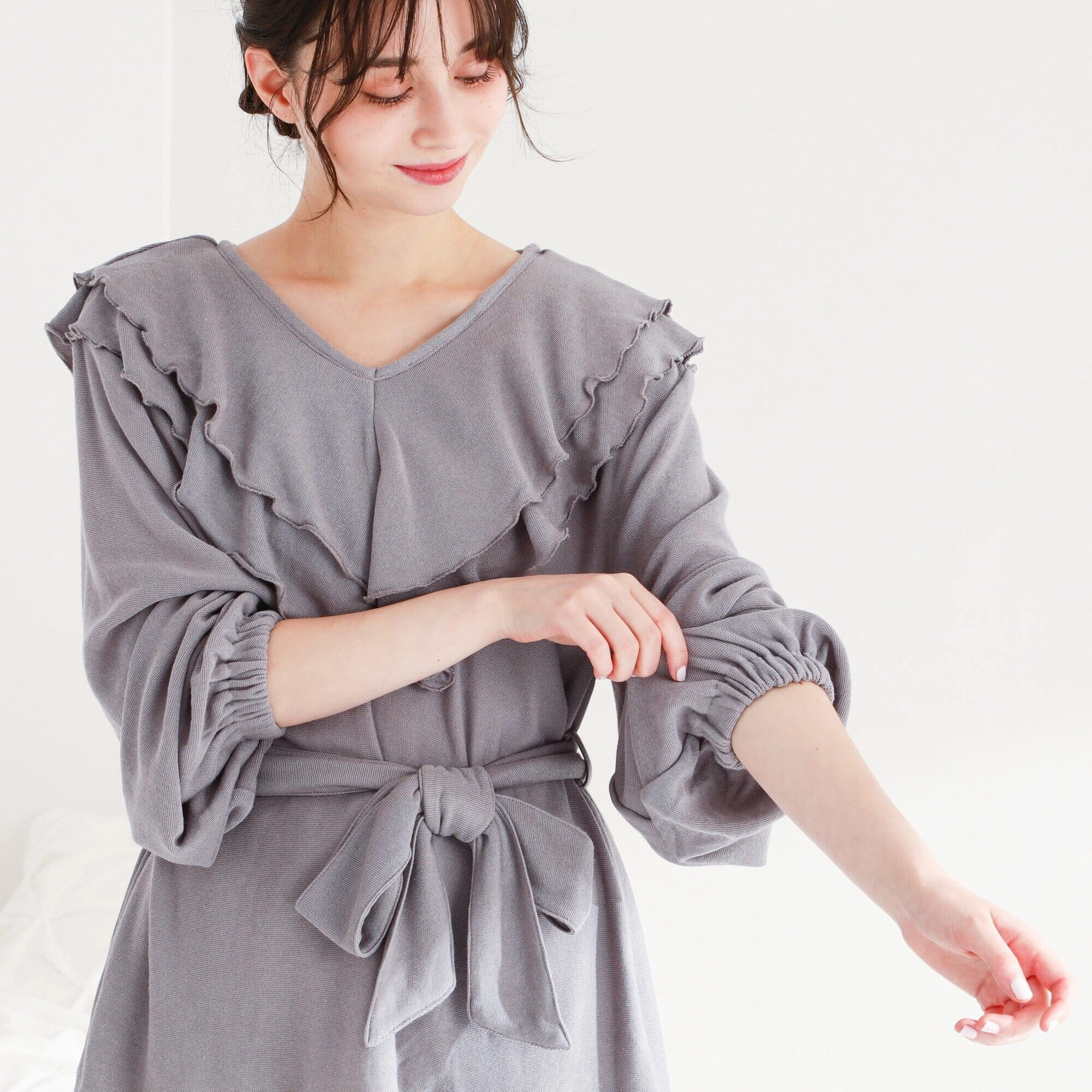 Ruffle Collar Knit Pajama Gray