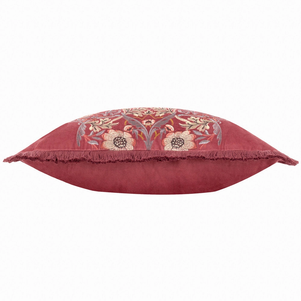Strawberry Thief Embroidered Velvet Cushion Berry