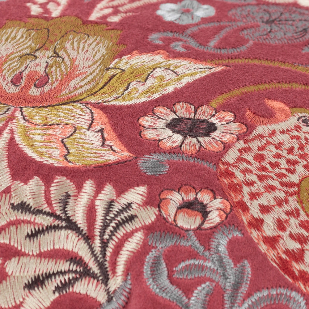 Strawberry Thief Embroidered Velvet Cushion Berry