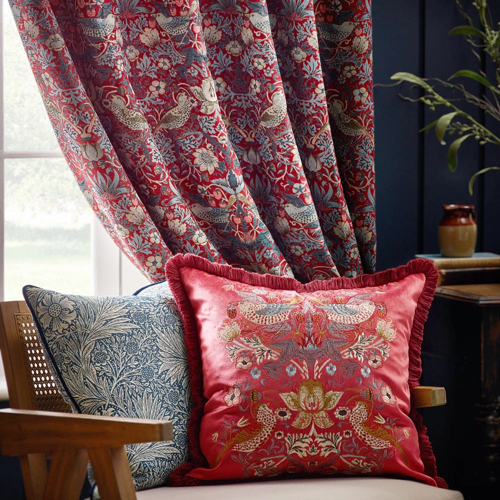 Strawberry Thief Embroidered Velvet Cushion Berry