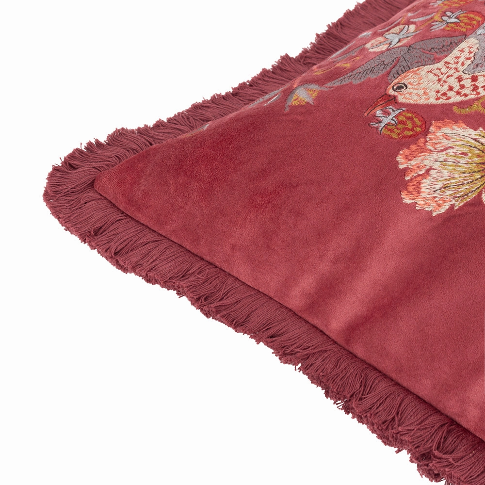 Strawberry Thief Embroidered Velvet Cushion Berry
