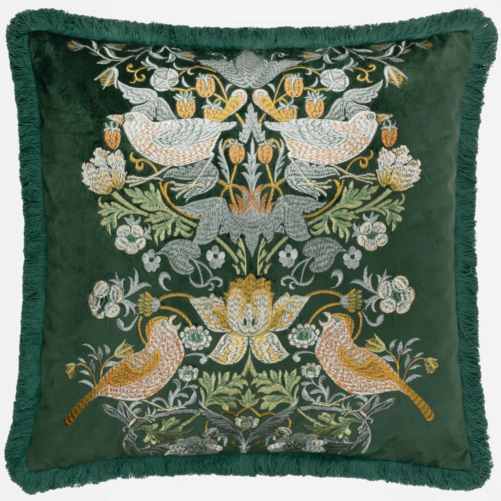 Strawberry Thief Embroidered Velvet Cushion Forest