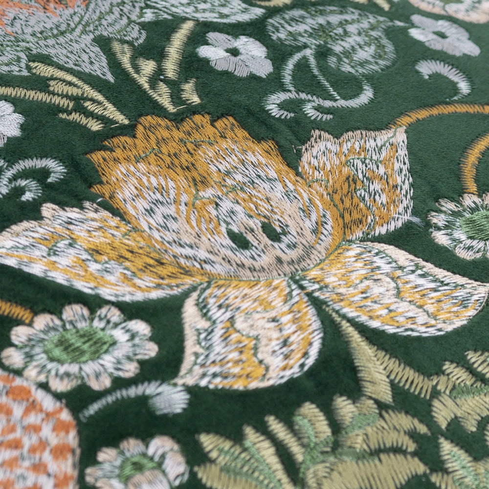 Strawberry Thief Embroidered Velvet Cushion Forest