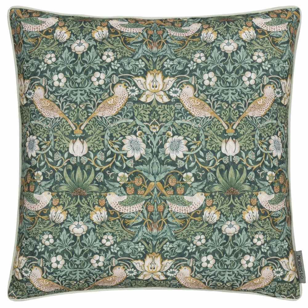 Strawberry Thief Piped Outdoor Cushion Forest Green