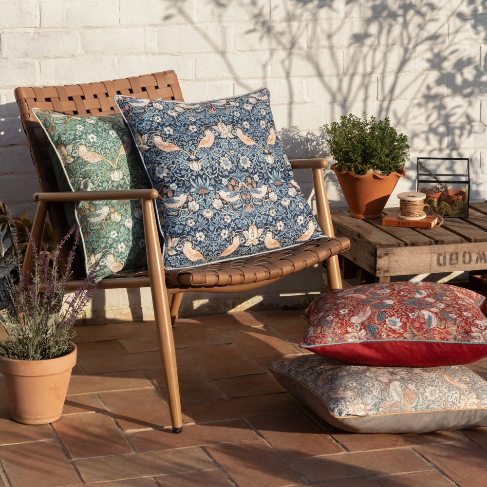 Strawberry Thief Piped Outdoor Cushion Forest Green