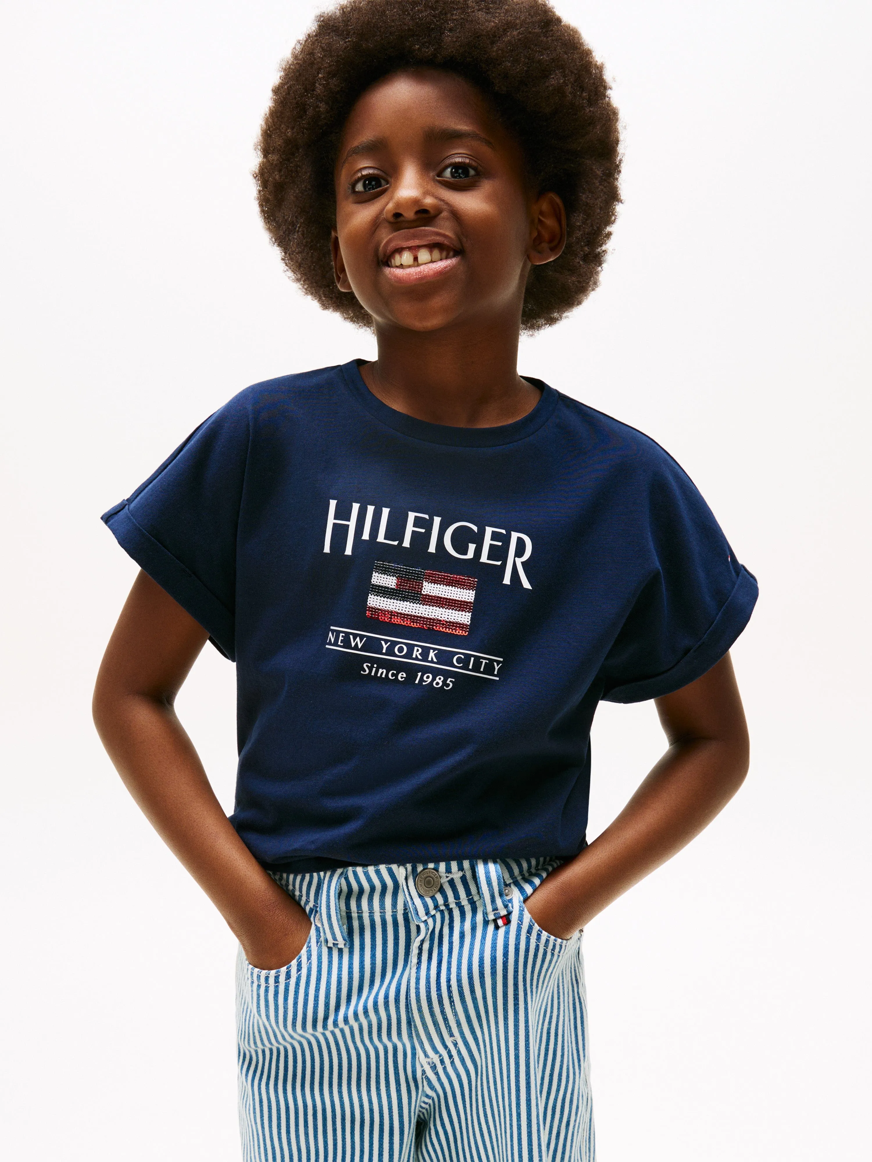 Tommy Hilfiger Girls Sequin Flag T-Shirt in Navy