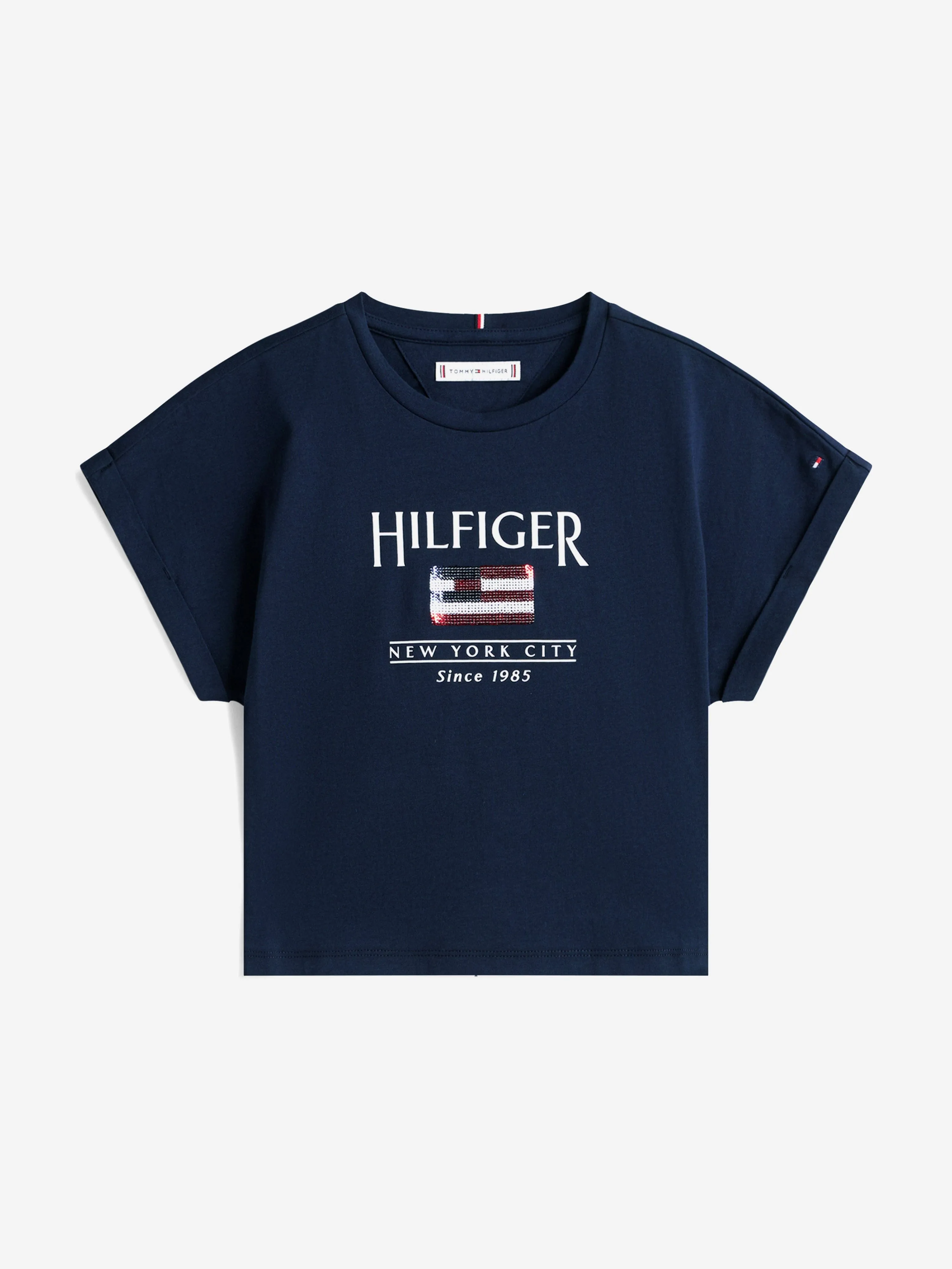 Tommy Hilfiger Girls Sequin Flag T-Shirt in Navy