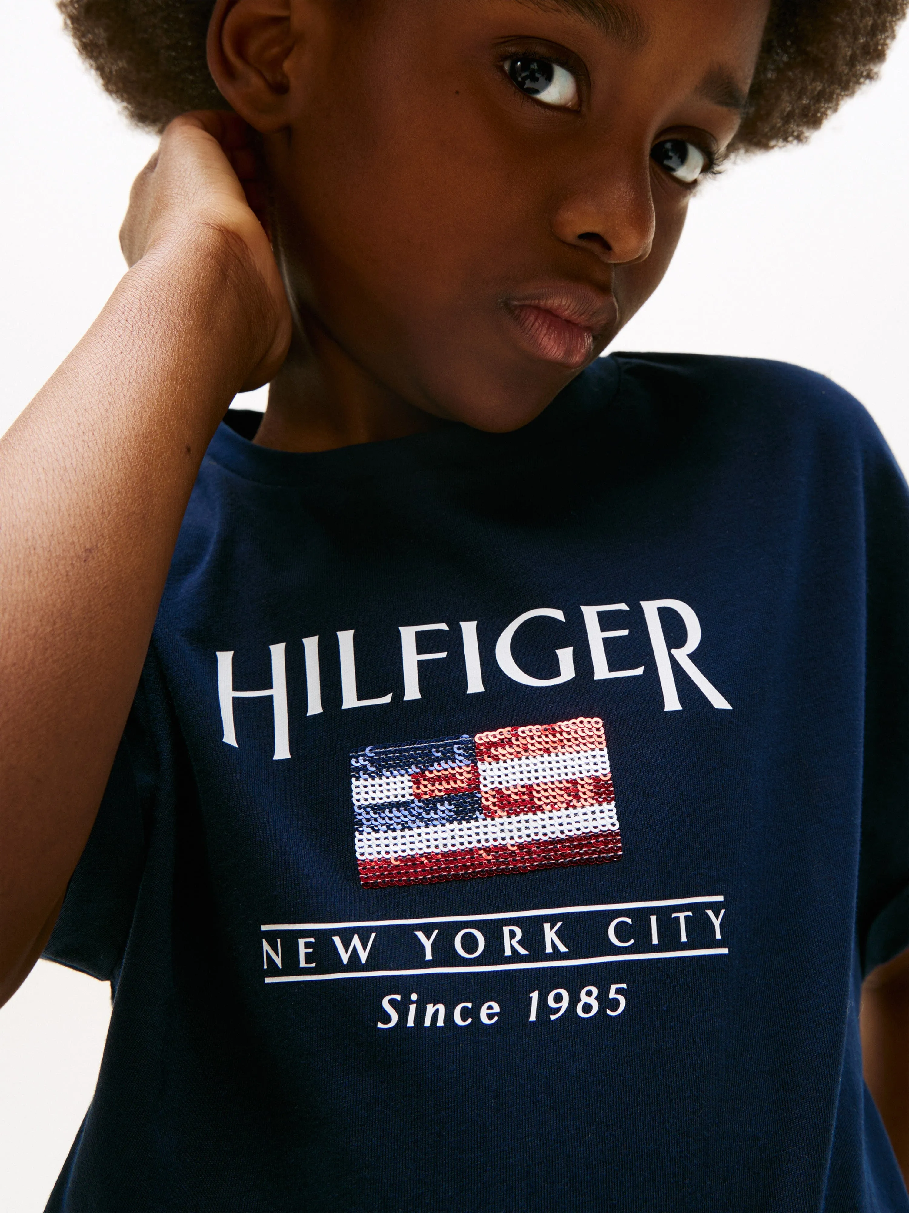 Tommy Hilfiger Girls Sequin Flag T-Shirt in Navy