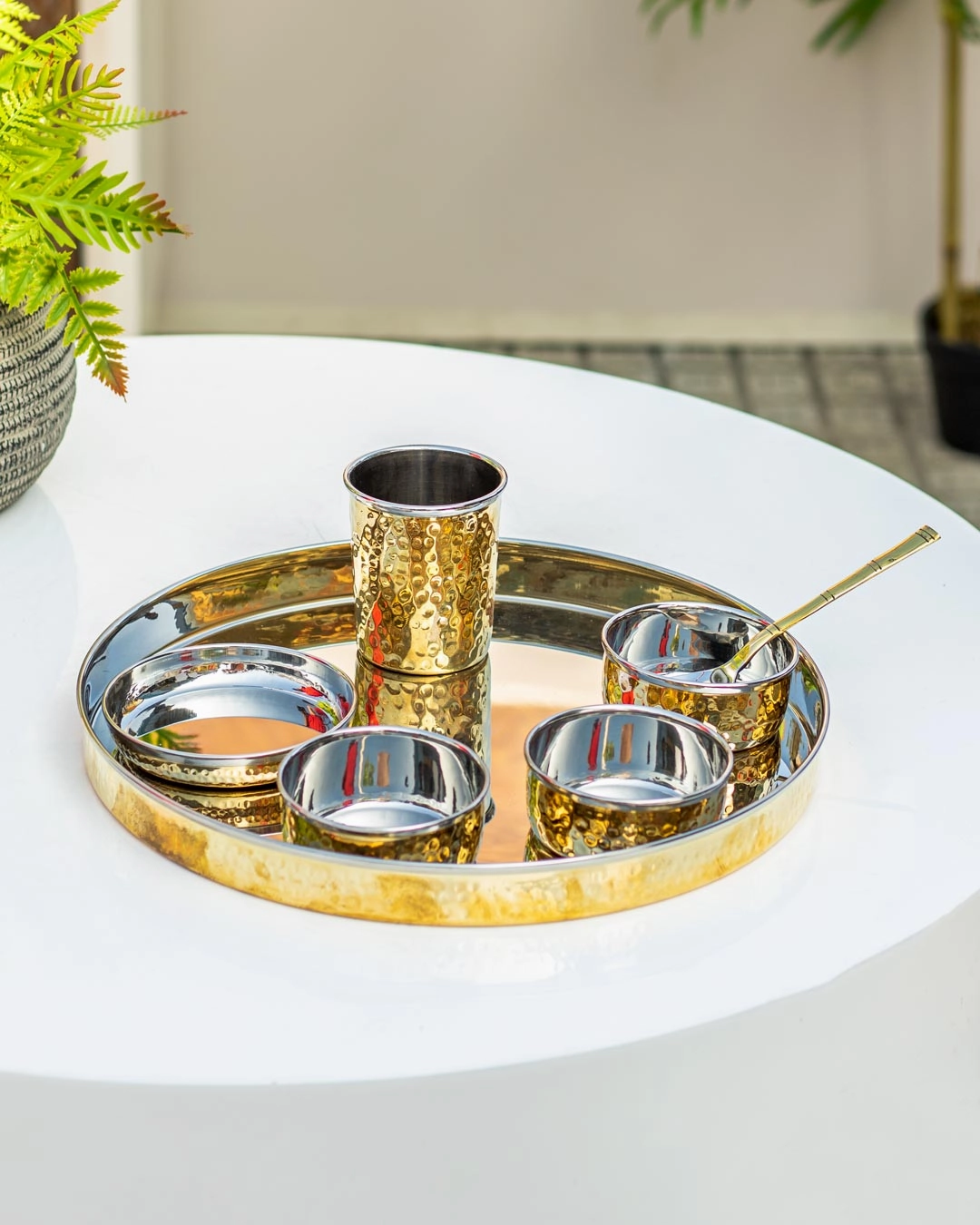 Traditional Brass Hammered Thali - Set Of 7
