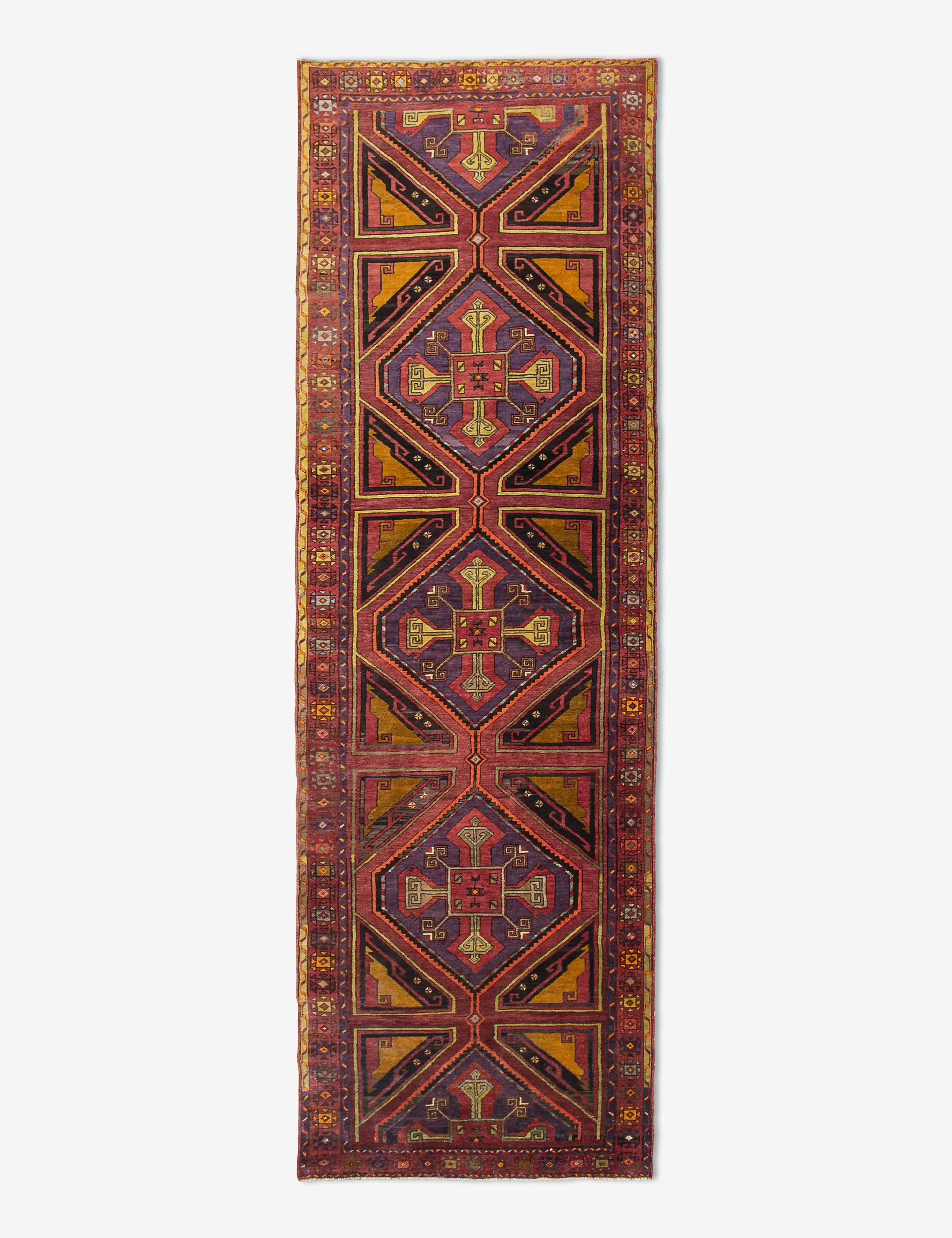 Vintage Turkish Hand-Knotted Wool Runner Rug No. 242, 4' x 14'1"modern color block patchwork rug